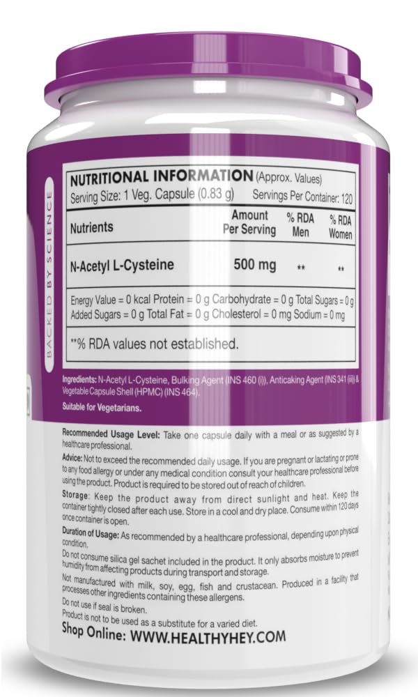 Healthyhey Nutrition N-Acetyl L-Cysteine (NAC) - Non-GMO - Gluten Free -Pack of 120 Veg. Capsules