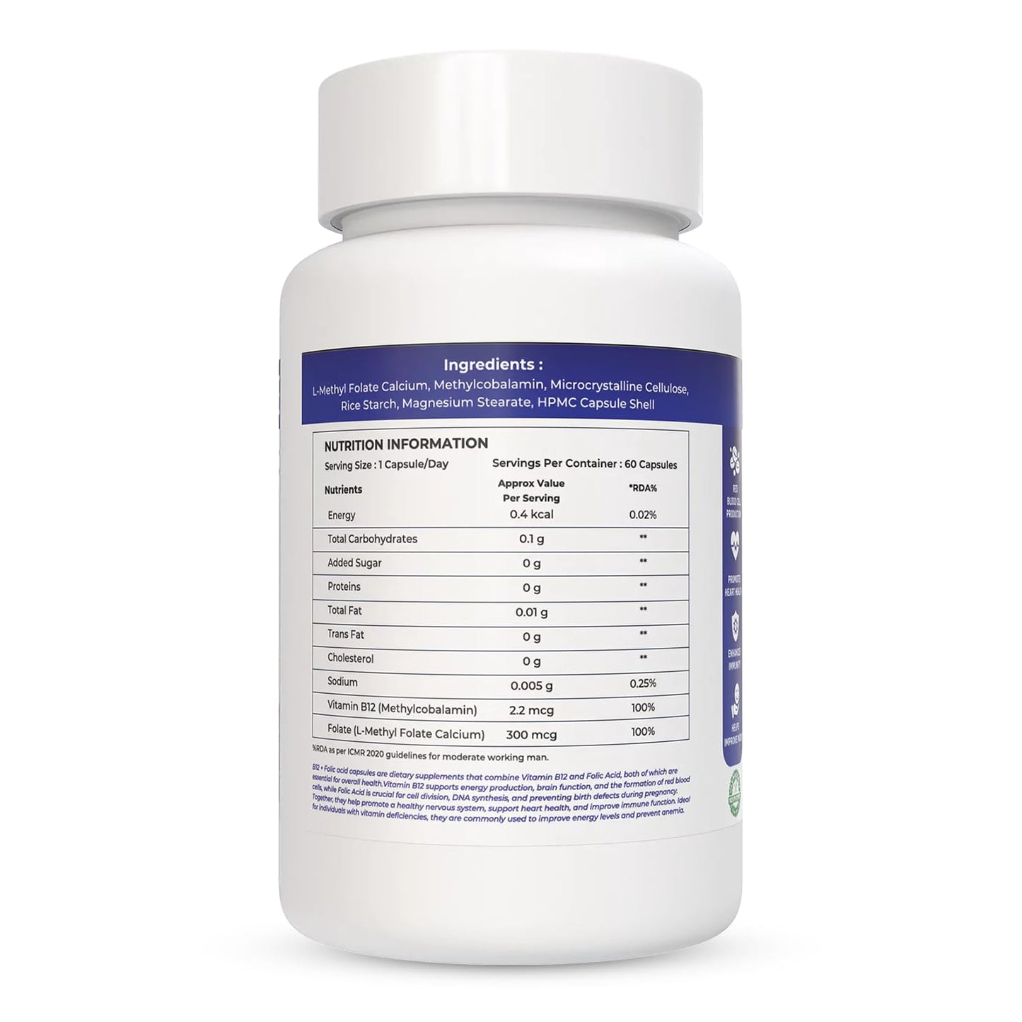 NATURALTEIN Vitamin B12 + Folate Capsules (60 Capsules) | High Strength Methylcobalamin & L-Methyl Folate | Supports Energy, Brain & Heart Health | Lab-Tested | With Rice Starch & Vegetarian HPMC Capsule Shell