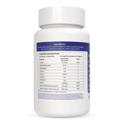NATURALTEIN Vitamin B12 + Folate Capsules (60 Capsules) | High Strength Methylcobalamin & L-Methyl Folate | Supports Energy, Brain & Heart Health | Lab-Tested | With Rice Starch & Vegetarian HPMC Capsule Shell
