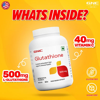 GNC Glutathione 500mg With Vitamin C For Clear & Radiant Skin | 60 Veg Capsules | Reduces Dark Spots & Melanin Pigmentation | Boosts Immunity | Fights Pollution & UV Damage | For Men & Women| Formulated In USA