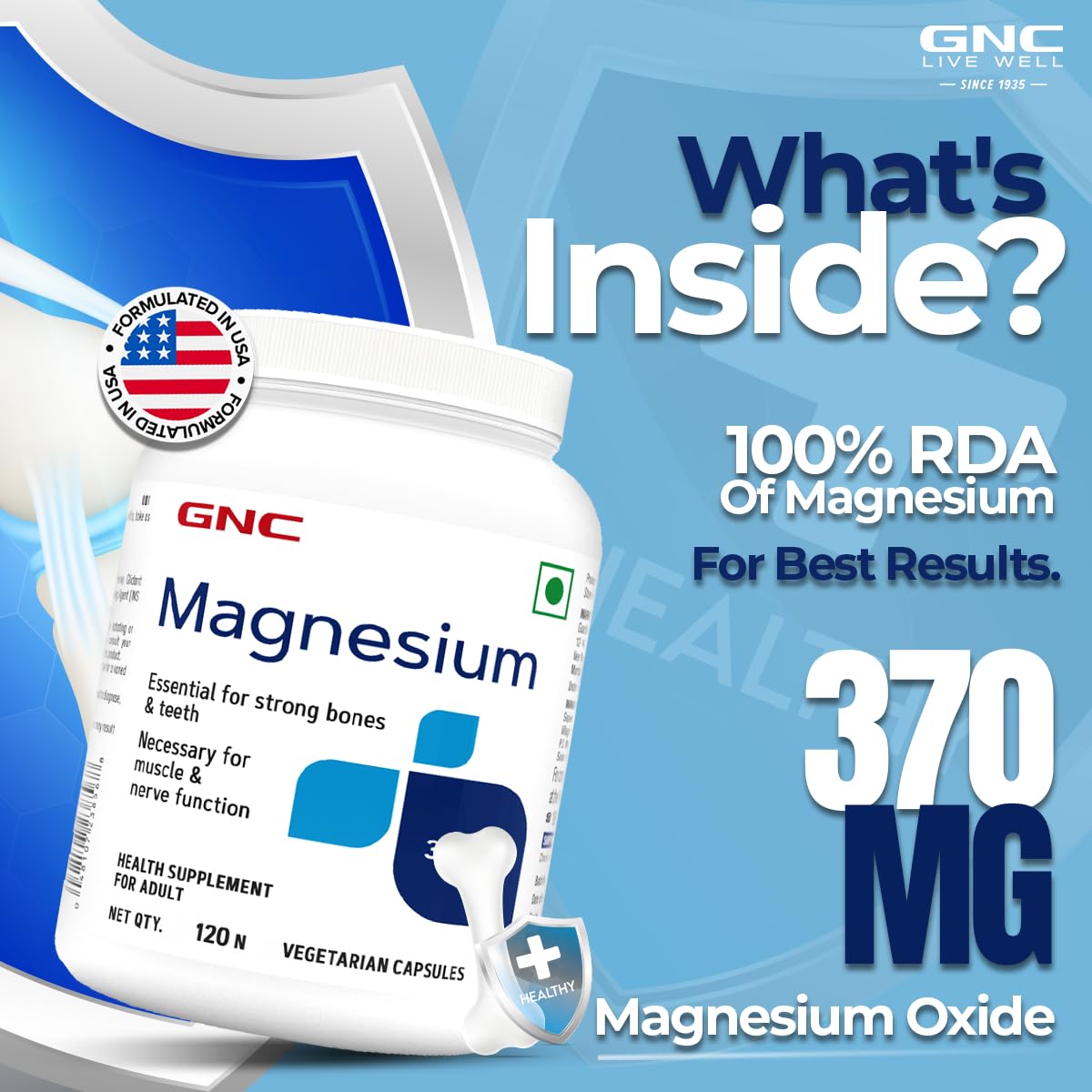 GNC Magnesium 370mg | 120 Capsules | Strengthens Bones & Teeth | Promotes Calcium Absorption | Relieves Stress Symptoms | Supports Cell Functions | Formulated in USA | 370mg Per Serving