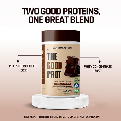 NATURALTEIN The Good Prot â€“ 1 kg (Chocolate) | 22 g Protein per Serving | No Artificial Flavours | Plant & Whey Protein Blend | Naturally Sourced Protein for Strength & Recovery