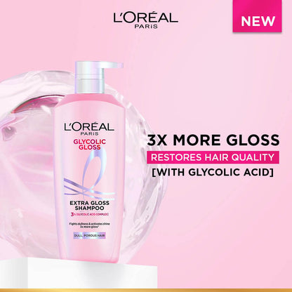 Lâ€™OrÃ©al Paris Glycolic Gloss Shine Boosting Shampoo, powered by 3% Glycolic Acid, for dull hair, restores hair quality for gives 3x more gloss, 800ml