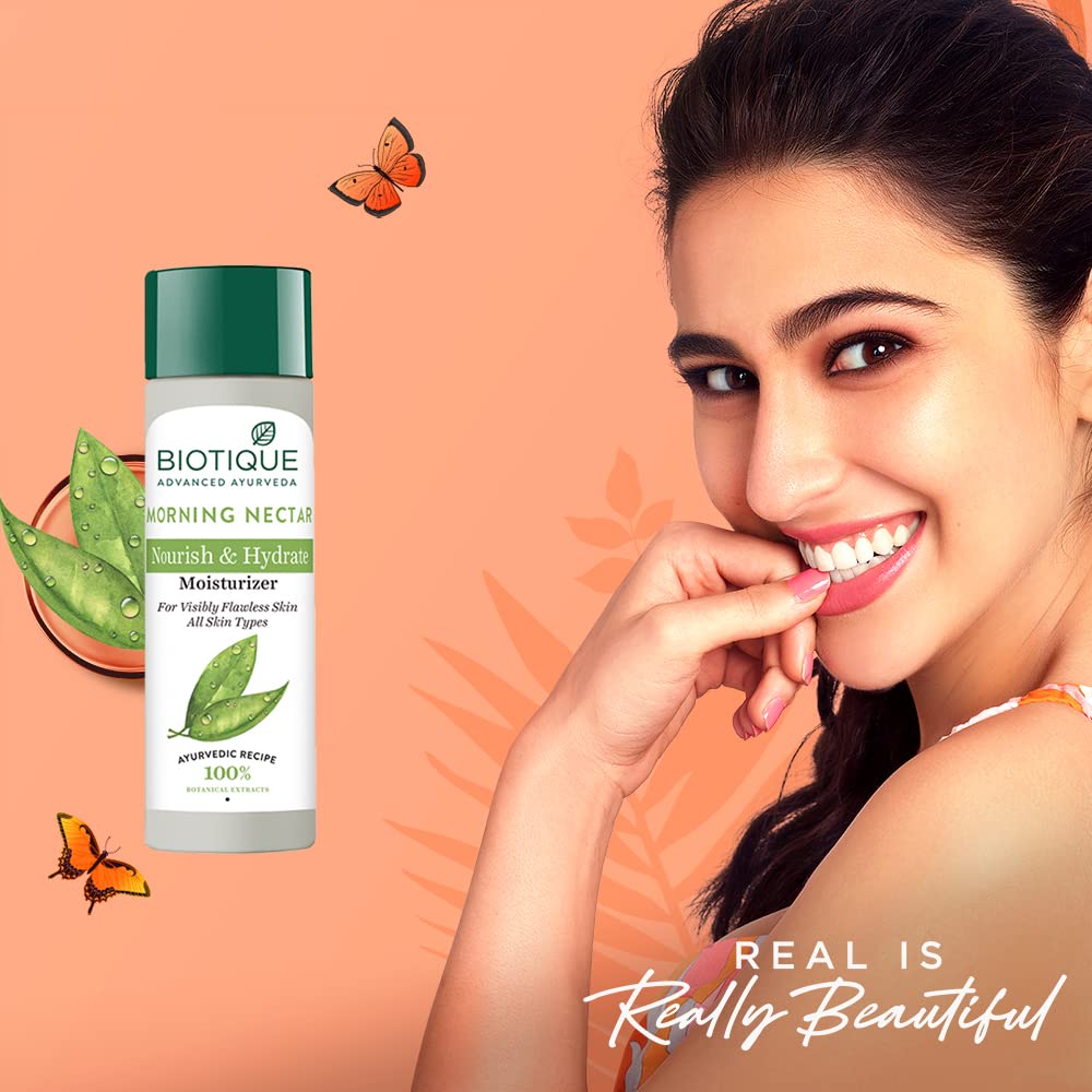 Biotique Morning Nectar Flawless Skin Moisturizer Lotion L Prevents Dark Spots, Blackheads And Blemishes L Visibly Flawless Skin L Nourishes And Hydrates Skin L All Skin Types L 190Ml