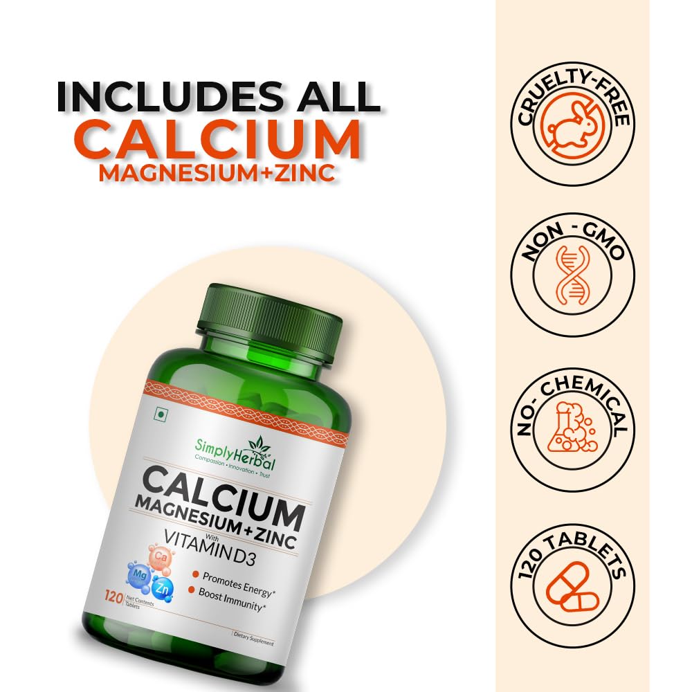Simply Herbal Calcium Magnesium Zinc Vitamin D3 Supplement Tablet for Men & Women With Vitamin B12 Promote Bone Density & Muscle Growth Helps to Fight Bone Loss 120 Tablets