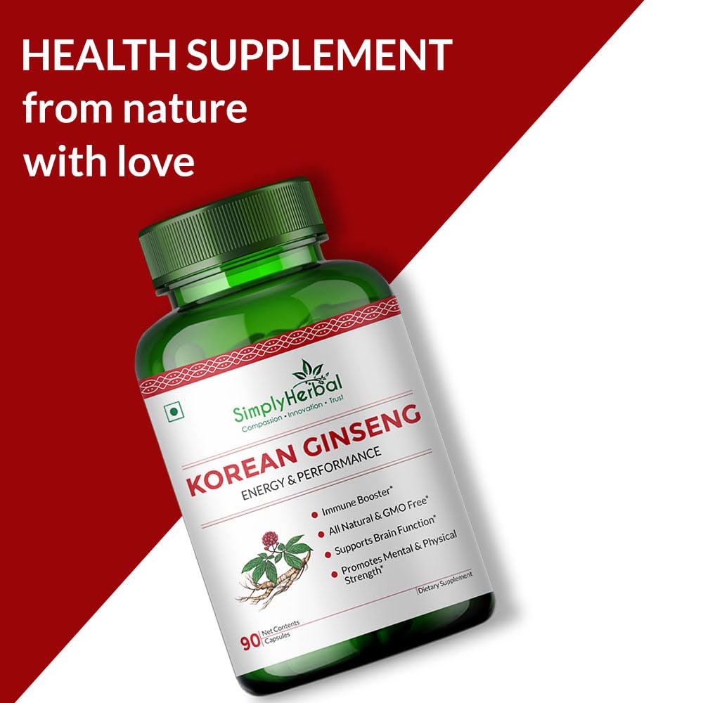 Simply Herbal Korean Red Ginseng 1000mg â€“ 90 Veg Capsules | Energy, Vitality & Stamina Support | Herbal Adaptogen Supplement for Men & Women