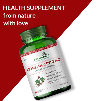 Simply Herbal Korean Red Ginseng 1000mg â€“ 90 Veg Capsules | Energy, Vitality & Stamina Support | Herbal Adaptogen Supplement for Men & Women