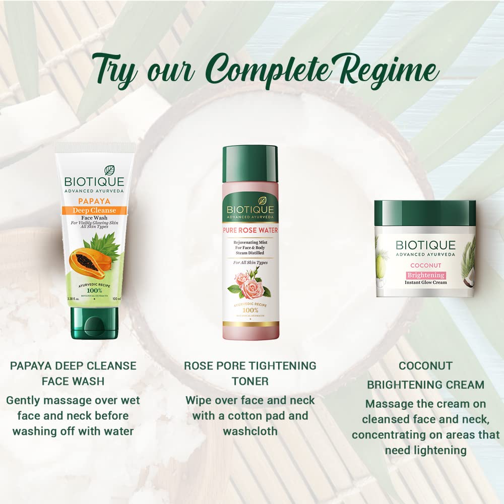 Biotique Coconut Brightening Instant Glow Cream| Lightweight and Non-Greasy | Reduces Dark Spots and Protects Ageing | Nourished and Moisturized Skin |100% Botanical Extracts| All Skin Types | 50gm
