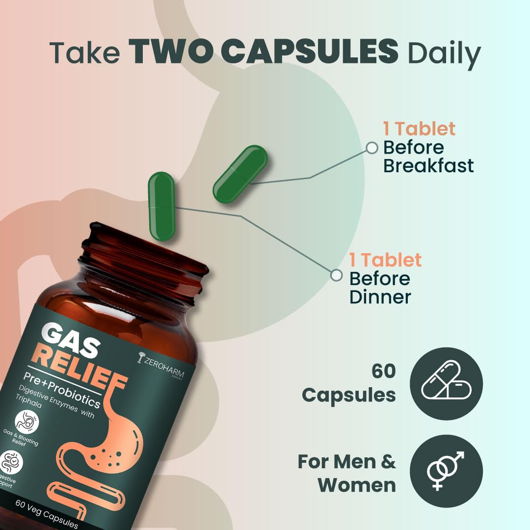 ZEROHARM Gas Relief Capsules | Ayurvedic Preâ€‘Probiotic & Digestive Enzymes Blend with Triphala (Amla, Haritaki, Bibhitaki) | Eases Digestion, Bloating, Gas Relief & Acidity | Men & Women | 60 Capsules