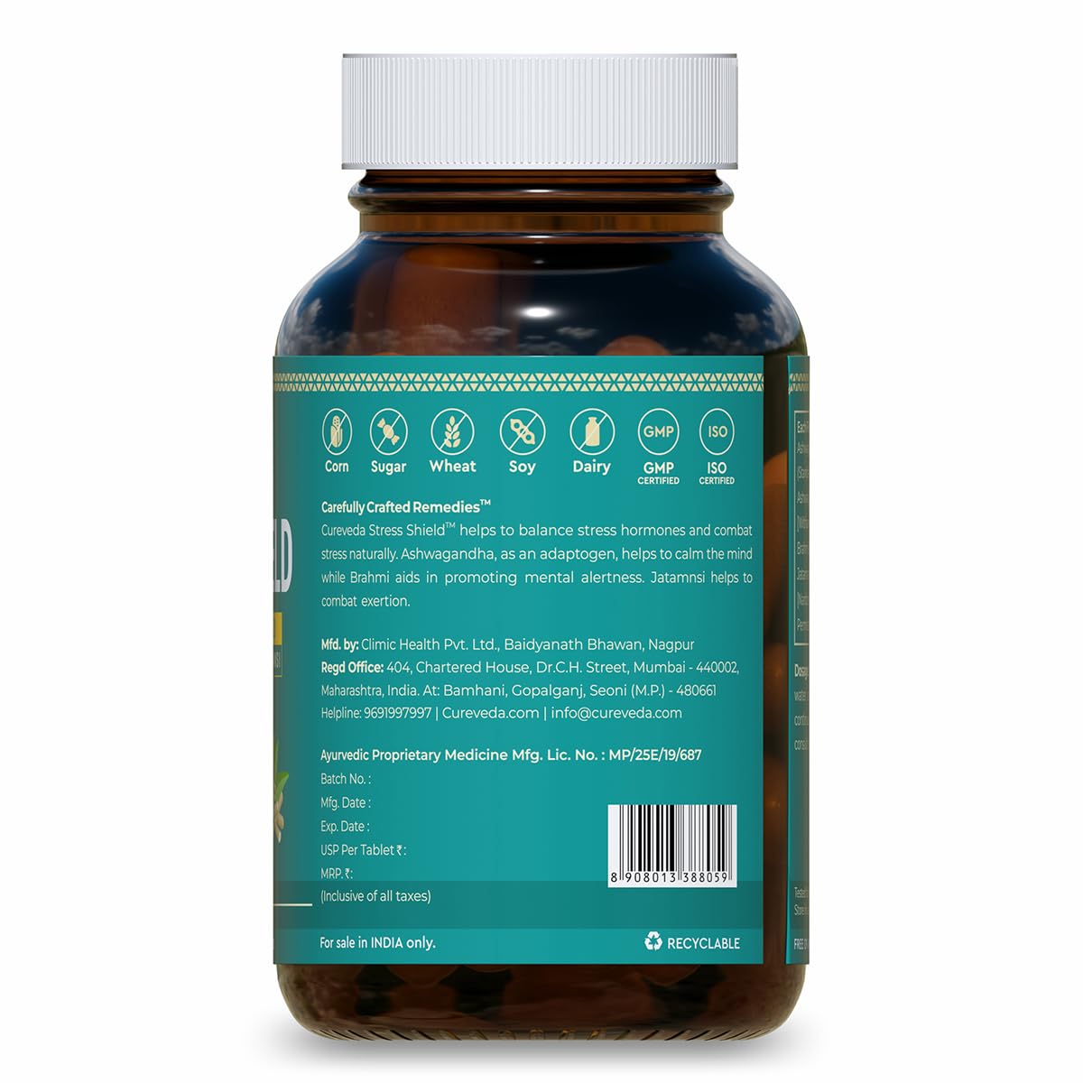 Cureveda Herbal Stress Shield Tablets- Support for Stress, Fatigue and Tension (Gold standard Ashwagandha, Brahmi, Jatamansi- General Wellness- 60 Tablets