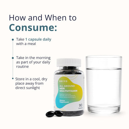 Briyo Menâ€™s Multivitamin All Around Men Multivitamin- 38 nutrients in 1 conveniently sized capsule (Vitamins, Minerals, Natural extracts, Amino acids & more) Overall Health and Immune Support