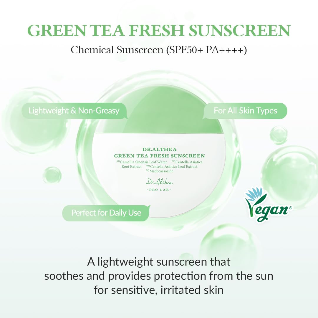 Dr.Althea Green Tea Fresh Sunscreen SPF 50+ PA++++ | Lightweight, Non-Greasy UV Protection | Vegan Korean Skincare | 45ml