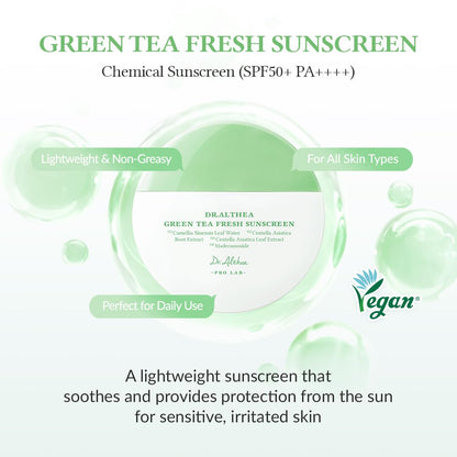 Dr.Althea Green Tea Fresh Sunscreen SPF 50+ PA++++ | Lightweight, Non-Greasy UV Protection | Vegan Korean Skincare | 45ml