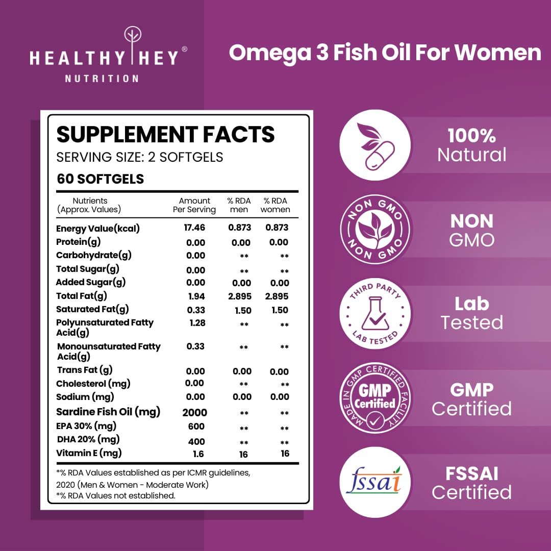 HealthyHey Nutrition Omega 3 Fish Oil for Women - 2000 Mg/serving - 60 Softgel Capsules (600 EPA & 400 DHA)