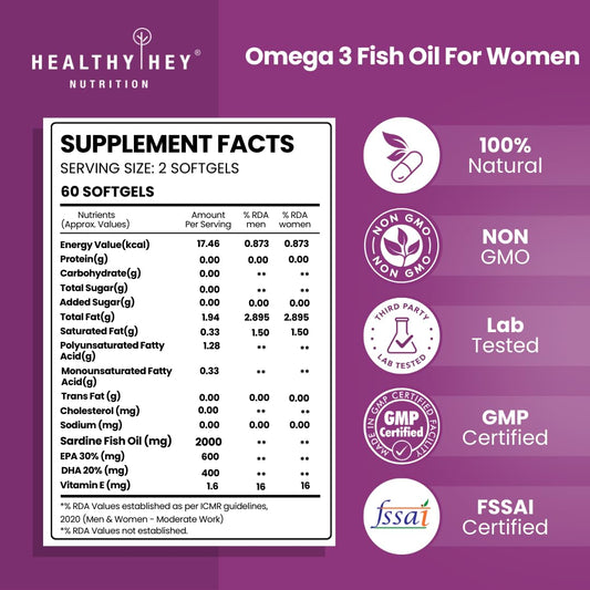 HealthyHey Nutrition Omega 3 Fish Oil for Women - 2000 Mg/serving - 60 Softgel Capsules (600 EPA & 400 DHA)