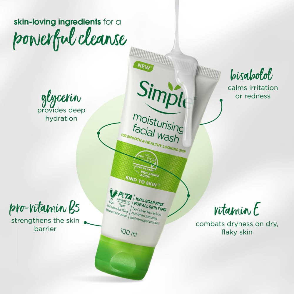 Simple Kind To Skin Moisturising Facial Wash 100 ml | 100% Soap-Free Facewash | For normal to dry skin