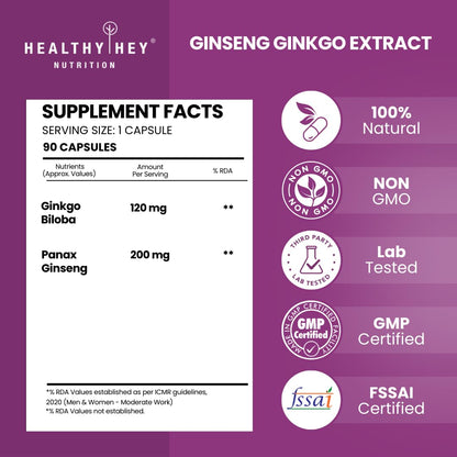 HealthyHey Ginseng + Ginkgo Biloba - Improves Memory & concentration- 90 Veg Capsules