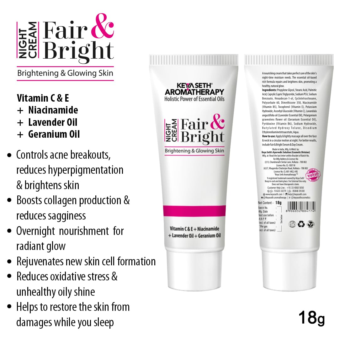 KEYA SETH AROMATHERAPY Fair & Bright Night Cream, Skin Brightening, Whitening, with Vitamin C, B3 & B6 Moisturizer with Lavender & Geranium Essential Oil 18gm
