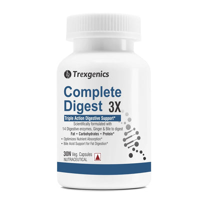 Trexgenics COMPLETE DIGEST 3X, Triple Action Digestive Support for Fat, Carbohydrates & Protein, Lactose and Fibers with 14 Enzymes, Ginger and Bile Cholic acid (30 capsules) (Pack of 1), 60 grams