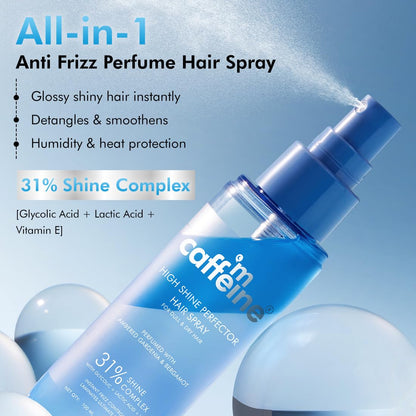 mCaffeine Anti-Frizz Perfume Hair Spray For Instant Gloss| 31% Shine Complex with Glycolic Acid | Adds Shine, Heat & Humidity Protection, Lightweight Formula| Long Lasting Floral Perfume- 100ml