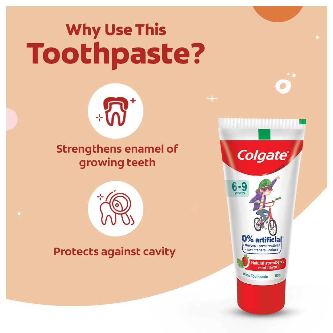 Colgate Kids Toothpaste with 0% Artificial Preservatives, Colours, Sweeteners for Whitening (6-9 Years, Natural Strawberry Mint Flavour - 80g Tube)