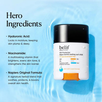 Belif Aqua Bomb Cooling Sun Stick 14g | SPF 50+ PA++++ â€“ Hydrating, Mess-Free, Invisible Finish â€“ With Hyaluronic Acid & Niacinamide â€“ Sweatproof, Travel-Friendly, Makeup-Friendly Sunscreen
