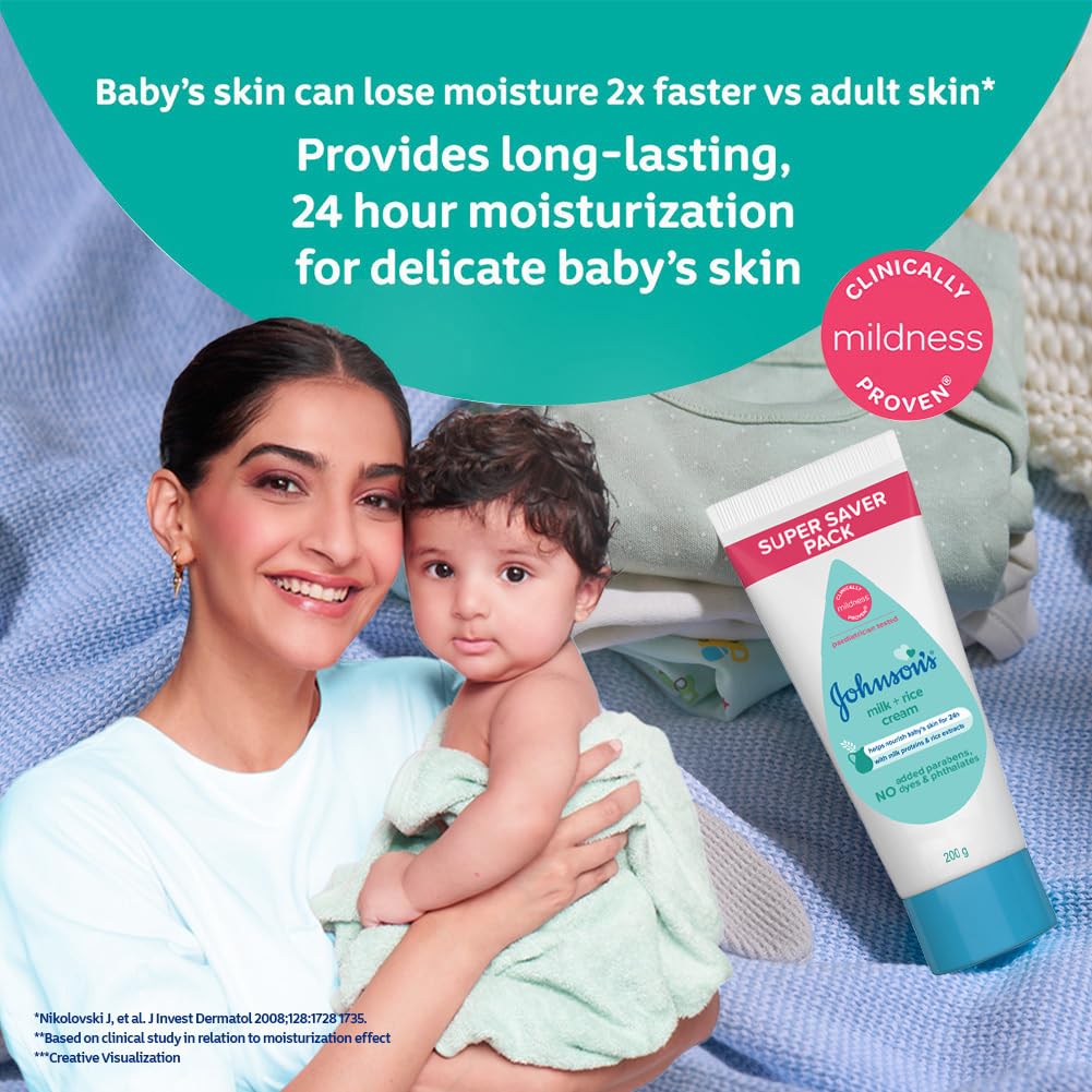 Johnson's Milk + Rice Cream, with Milk extracts and Vitamin E to Replenish Moisture, pH Balanced, 200gm, White
