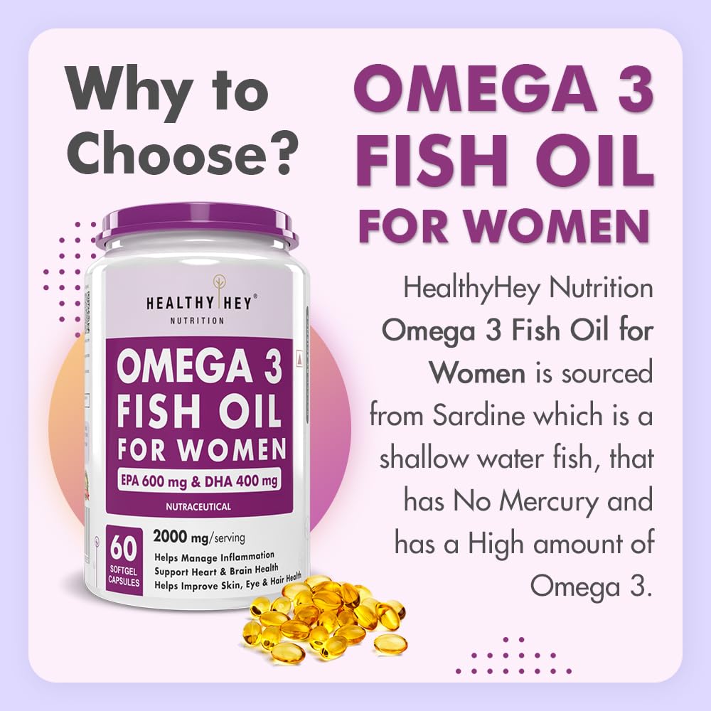 HealthyHey Nutrition Omega 3 Fish Oil for Women - 2000 Mg/serving - 60 Softgel Capsules (600 EPA & 400 DHA)