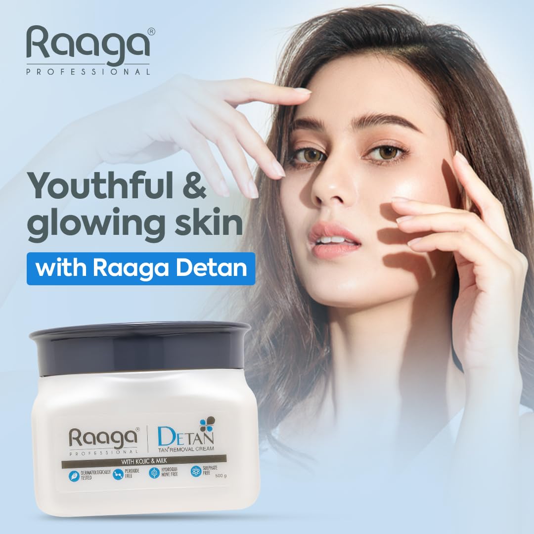 Raaga Professional DeTan Tan Removal Cream | Kojic & Milk | Reduces Tan, Dark Spots & Dullness | Dermatologically Tested, Peroxide & Sulphate Free | 500 gm