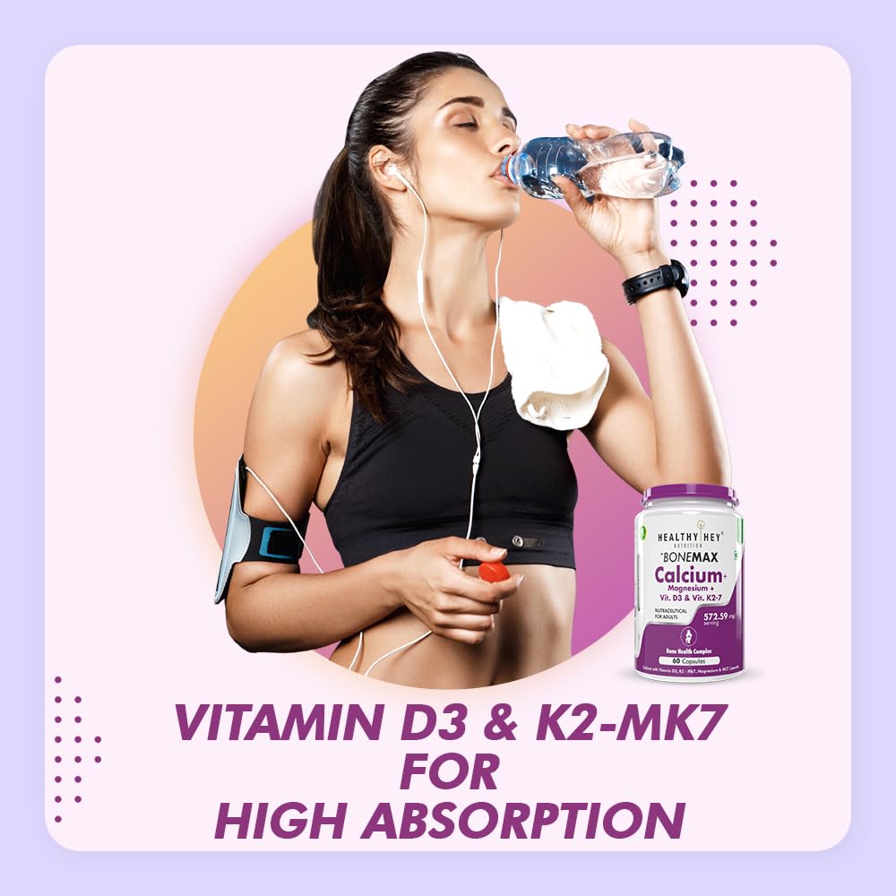 HealthyHey Nutrition Vegan Calcium with Magnesium, Vitamin D3 & Vitamin K2- Mk7 - BoneMax - Bone Health Complex - 60 Vegetable Capsules