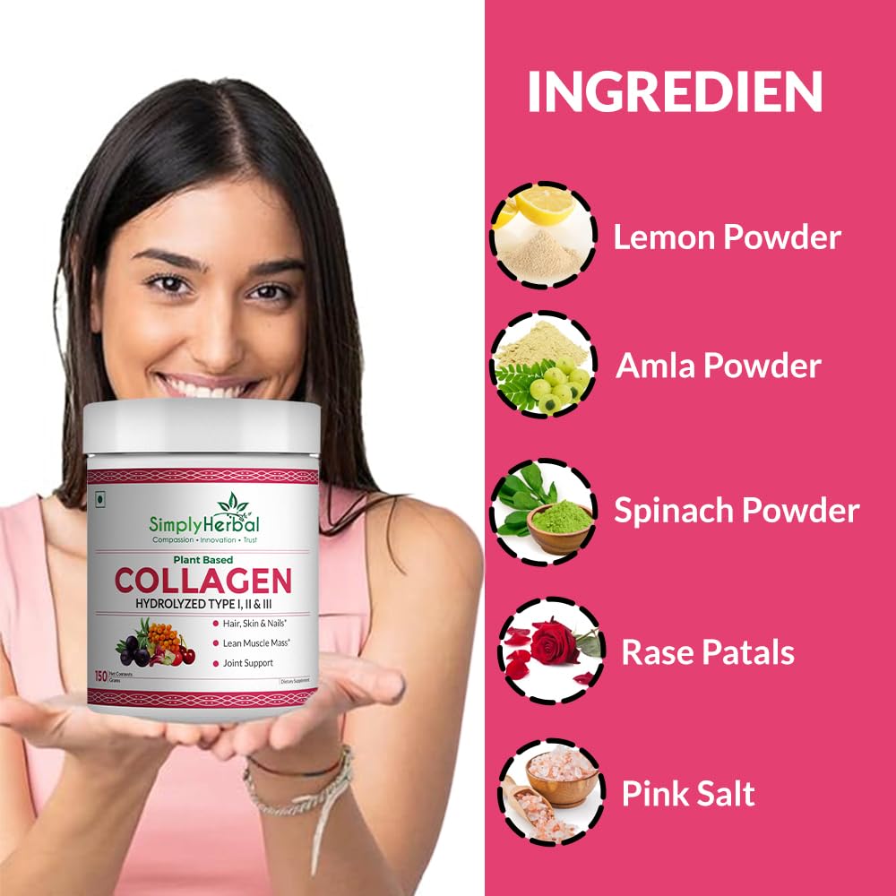 Simply Herbal Plant Based Collagen Powder Natural Peptide Builder Supplement Drink With Vitamin C, Silica, & Biotin For Skin Hair Nail Health Promote Bone Joint Function for Men & Women â€“ 150 gm