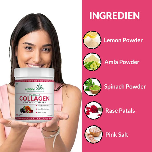 Simply Herbal Plant Based Collagen Powder Natural Peptide Builder Supplement Drink With Vitamin C, Silica, & Biotin For Skin Hair Nail Health Promote Bone Joint Function for Men & Women â€“ 150 gm