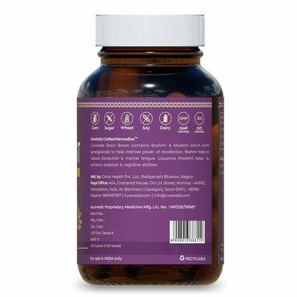 Cureveda Herbal Brain Boost Tablet for Brain & Memory Wellness | Extracted with Brahmi and Liquorice | Improves Learning, Memory Retention | Vegetarian | Gluten & Paraben Free (30 Tablets)