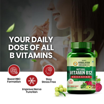 Vlado's Himalayan Organics Plant Based Vitamin B12 Supplement | B1,B2,B3,B5,B6,B7,B9,Moringa| Boost Energy Level | For Memory, Brain, Heart & Nervous System Support | B12 supplement for Men & Women - 120 Veg Capsules