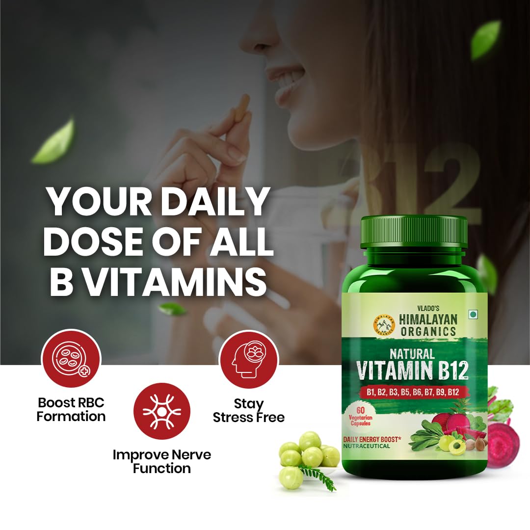 Vladoâ€™s Himalayan Organics Plant-Based Vitamin B12 with B-Complex & Moringa | Energy, Nerve & Brain Support | 60 Veg Capsules
