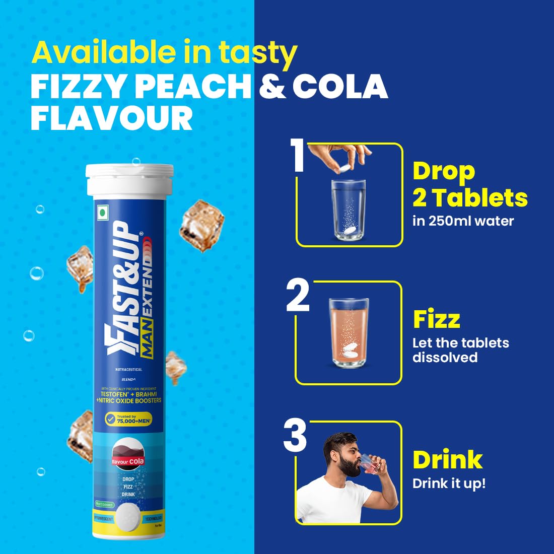 Fast&Up Man Extend | TestofenÂ® Fenugreek Extract |Nitric Oxide Booster + Energizing Blend | Shatavari | Brahmi| Helps Improve Vitality & Stamina | Pack of 20 Effervescent (Cola Flavour)