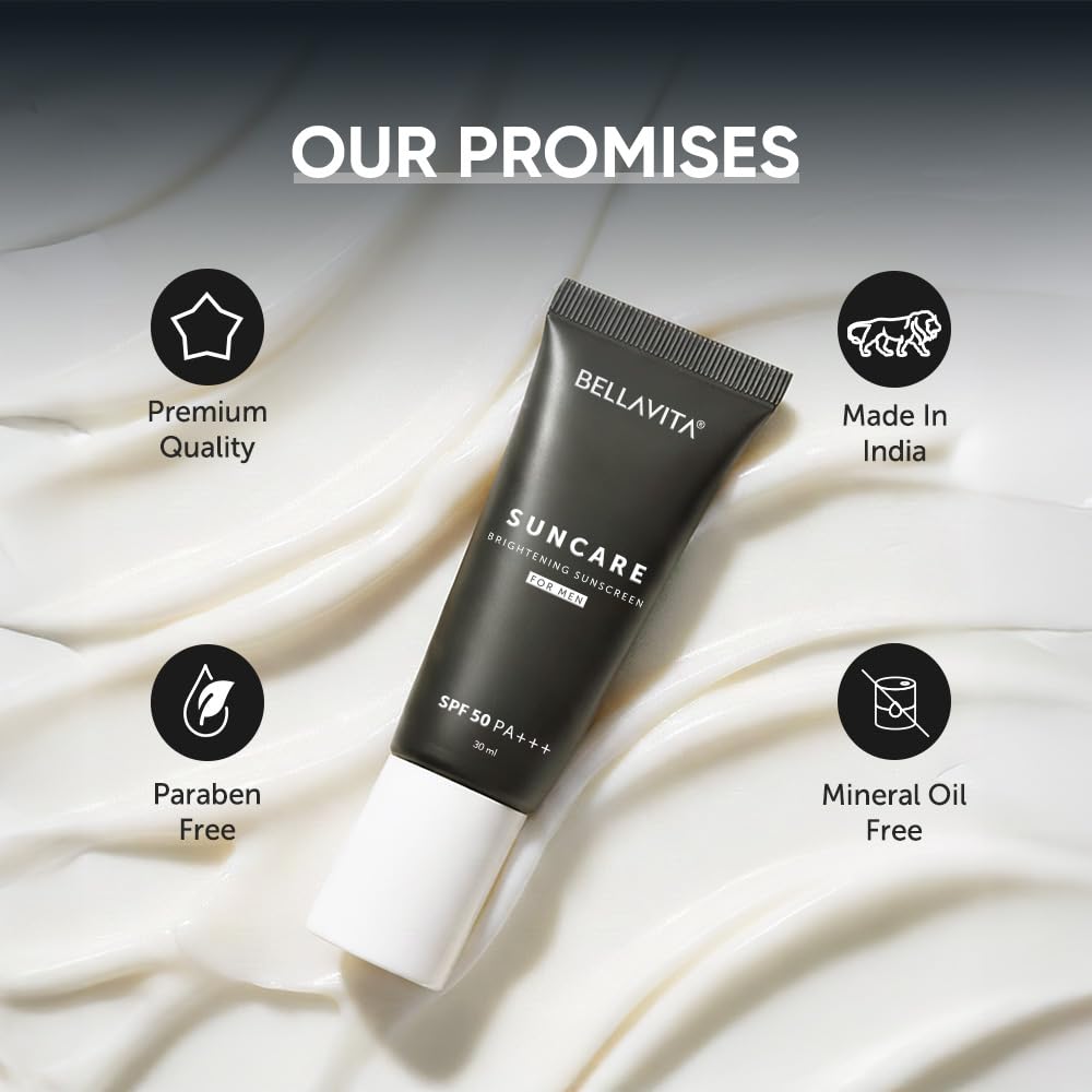BELLAVITA Suncare Brightening Sunscreen For Men | SPF 50 PA+++ Broad Spectrum Protection | Zero White Cast | Brightens Skin Instantly | Ultra Lightweight | Prevents Tanning & Dullness | Instant Absorption | 30 ml