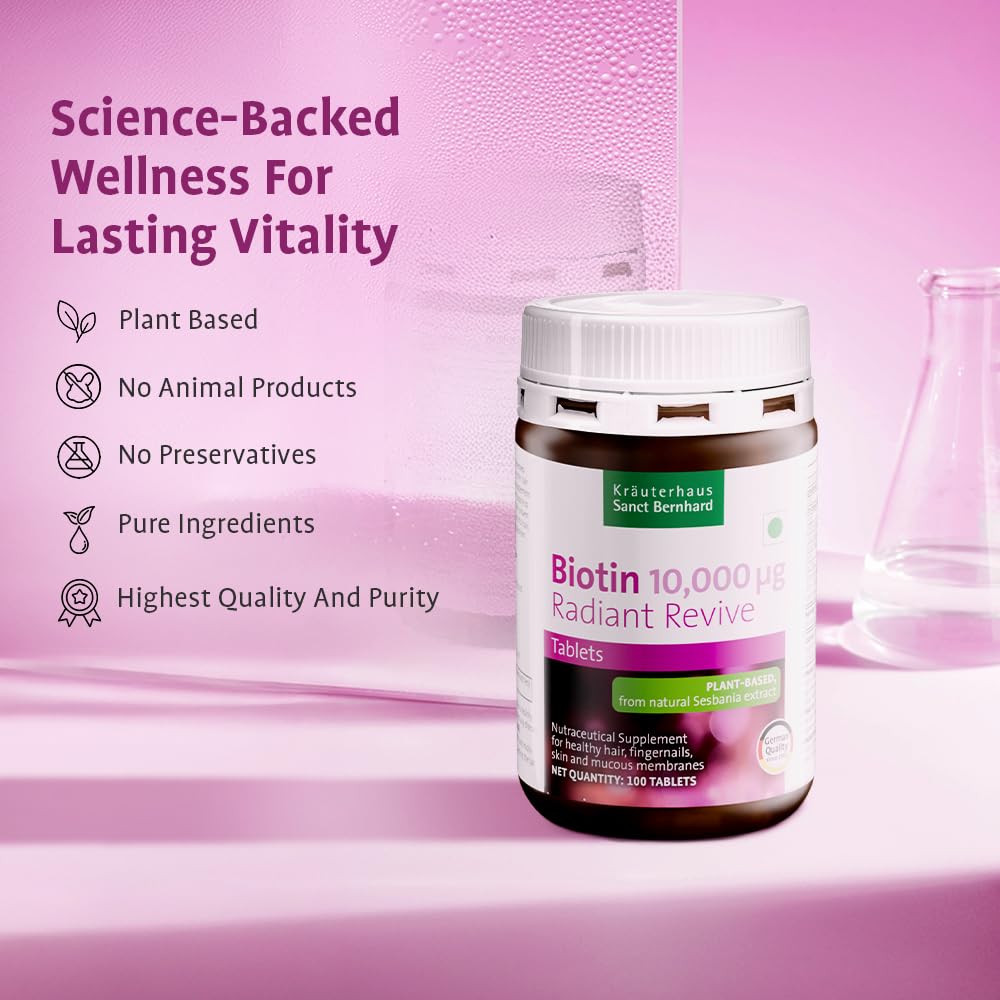 KrÃ¤uterhaus Sanct Bernhard Biotin Radiant Revive | Biotin 10,000mcg for Hair Growth & Hair Fall Control | Hair Supplement for Women & Men | Strong Nails, Healthy Skin | Easy to Swallow | 100 Tablets