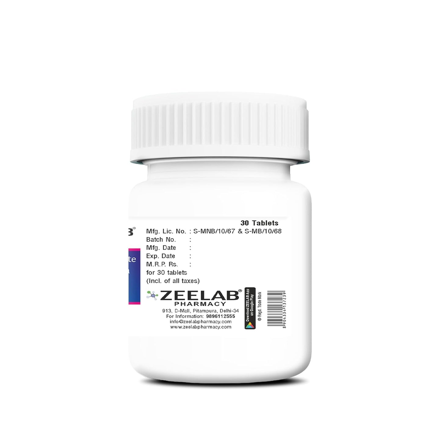 Zeelab Travocal F Tablets | Calcium Citrate Malate (250 mg) + Vitamin D3 100 IU + Folic Acid (50 mcg) (30 Tablets Jar)
