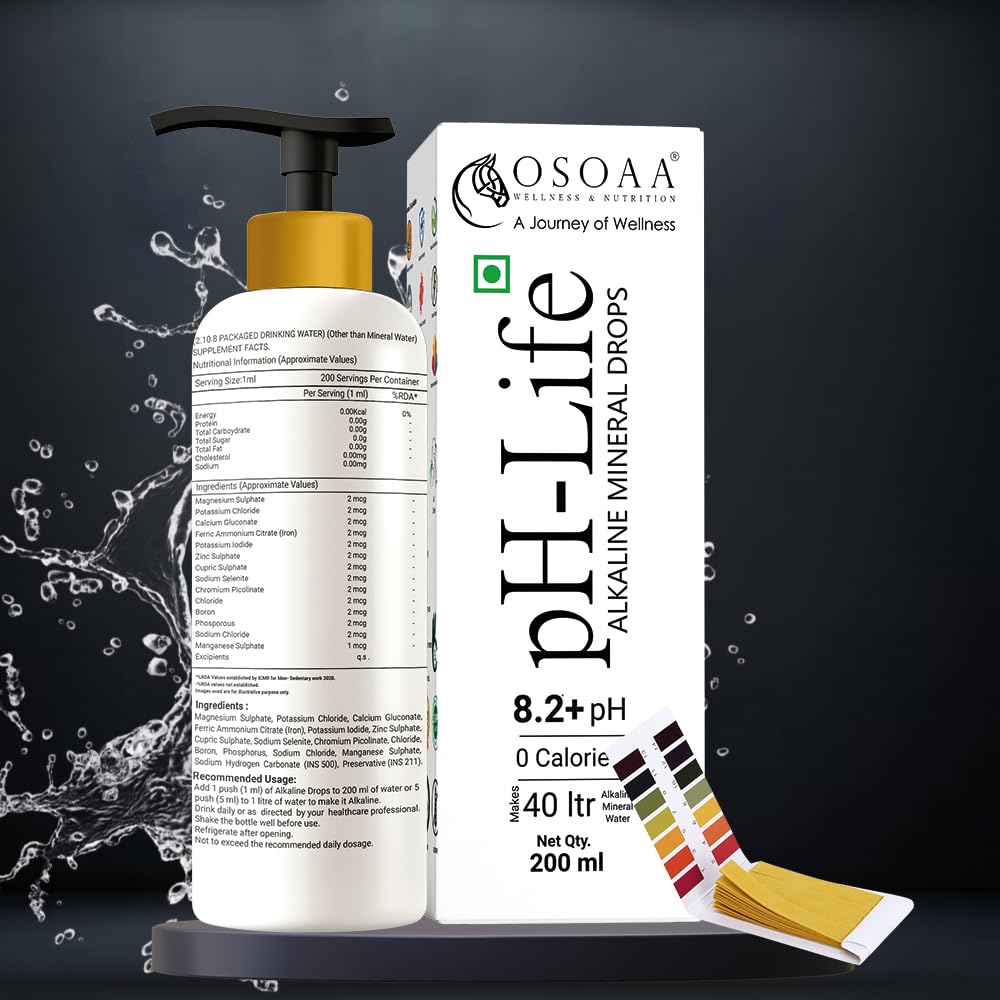 OSOAA Ph-Life Vegetarian Alkaline Mineral Water Drops (200Ml)|Makes 40L Alkaline Water|8.2+ Ph Booster Drops For Ro Water|14 Minerals,0 Calorie|Drinking Water Enhancer Liquid