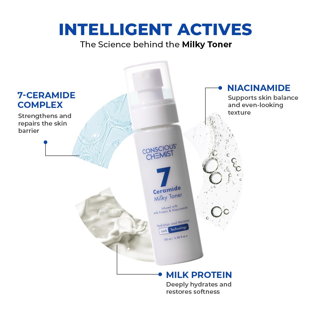 Conscious ChemistÂ® Niacinamide & 7 Ceramide Milky Face Toner | 100ml | Alcohol-Free Hydrating Toner for Oily, Dry & Combination Skin | Pore Refining, Barrier Repair, Brightening & Smoothing | Women & Men