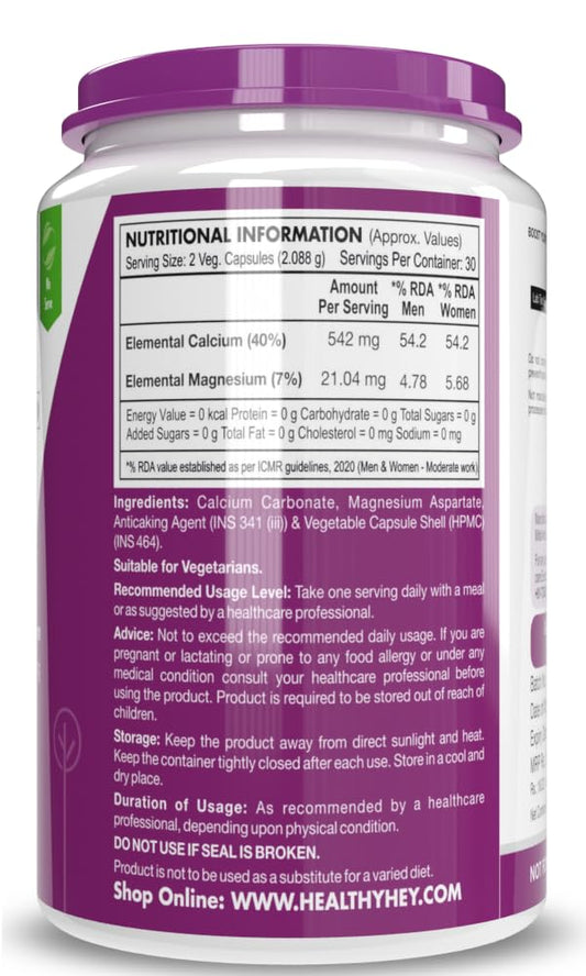 HealthyHey Nutrition Vegan Calcium with Magnesium - Bone Health Complex-60 Vegetable Capsules