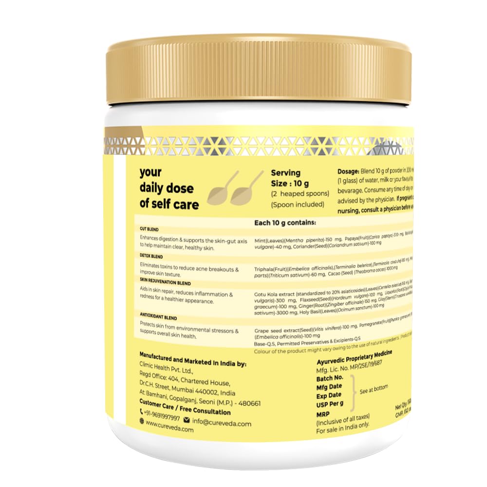 Cureveda SkinGut Pre & Probiotic Powder for Clear Skin | Supports Acne Control | Gut Health| Skin Detox | Plant-Based Formula with Antioxidants | No Added Sugar & Artificial Flavour(150 gm)