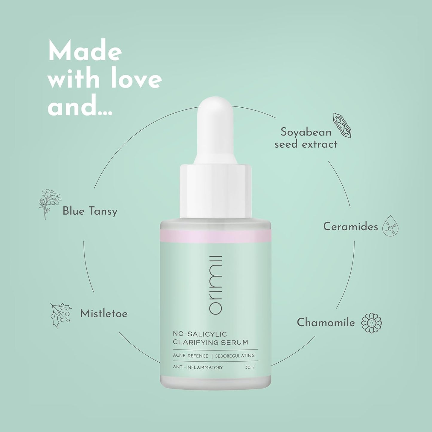 Orimii No Salicylic Face Serum For Acne Prone Skin | With Chamomile & Ceramides | Lightweight Anti Acne Clarifying Serum WITHOUT Salicylic Acid | Fragrance Free, Pregnancy Safe (30ml)