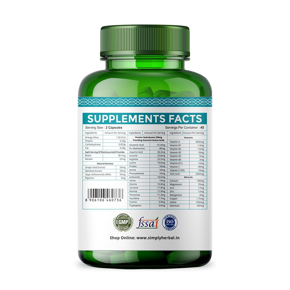 Simply Herbal Natural Biotin Vitamin B7 Capsules for Hair & Skin Enriched With Keratin + Multivitamin + Amino For Men Women (90 Capsules)