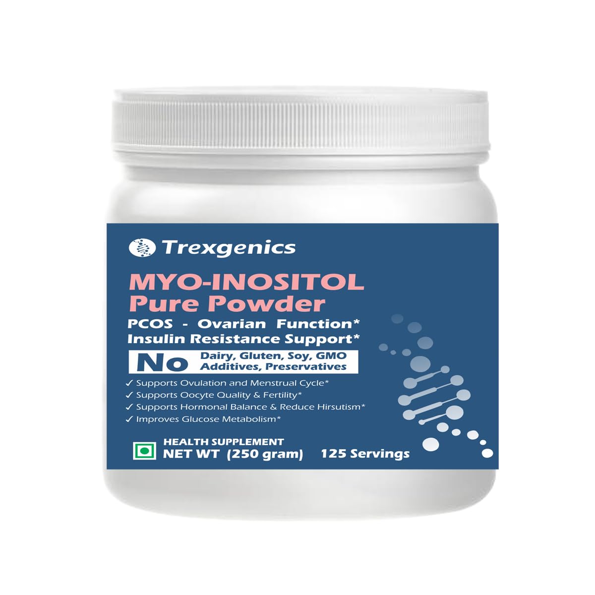 Trexgenics MYO-INOSITOL PURE POWDER, PCOS, Ovarian Function, Insulin Resistance, Hormonal Balance, Menstrual Cycle, Metabolism 125 servings (250 gram) (Pack of 1)