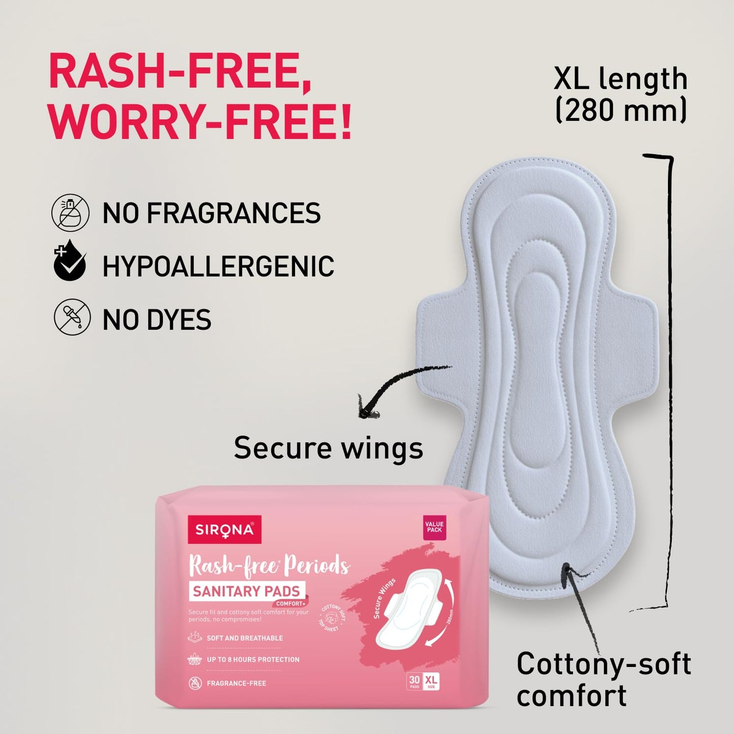 Sirona Sanitary Pads for Women - XL (Pack of 30) | Pad for Rashfree Periods | Cottony Soft & Breathable Napkins For Ultra Comfort | Upto 8 Hrs Leak-Proof Protection