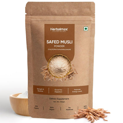 Herbal Max Organic Safed Musli Root Powder â€“ 100g | Ayurvedic Supplement for Strength, Stamina, Vitality & Performance | Herbal Health Booster
