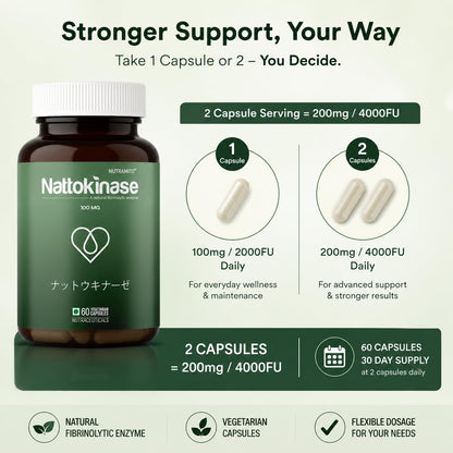 Nattokinase supplement by Nutramito, 200mg (4000 FU) per serving of 2 capsules, Natural Enzyme Supplement for Heart Health, Vitamin Kâ€“Free Formula, Supports Heart Health & Smooth Circulation