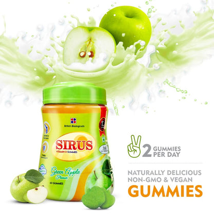 British Biologicals Sirus Vitamin D Gummies|Vitamin D Gummies for Men & Women|Gluten-Free|Supports Bone,Teeth & Muscle Health|Non-GMO|Maintains Calcium Levels|Green Apple Flavour|60 Count